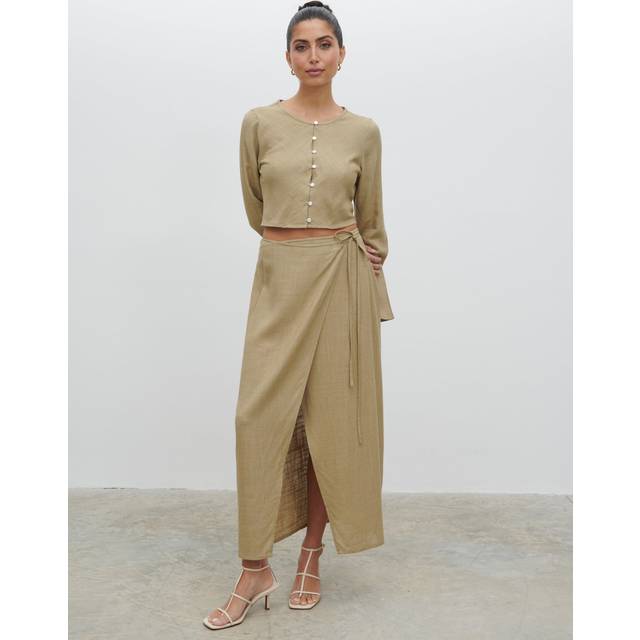 Abigail Wrap Linen Midaxi Skirt - Olive, 16