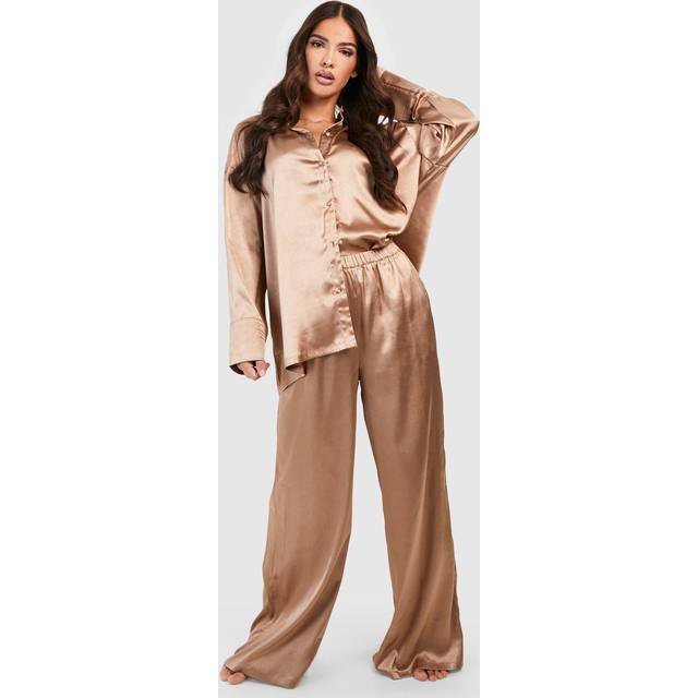 Womens Oversized Satin Long Sleeved Shirt & Trousers Pyjama Set - Beige - 16