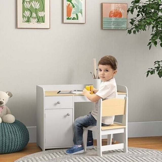 ZONEKIZ Kids Desk and Chair Set w/ Storage Drawer, White, White
