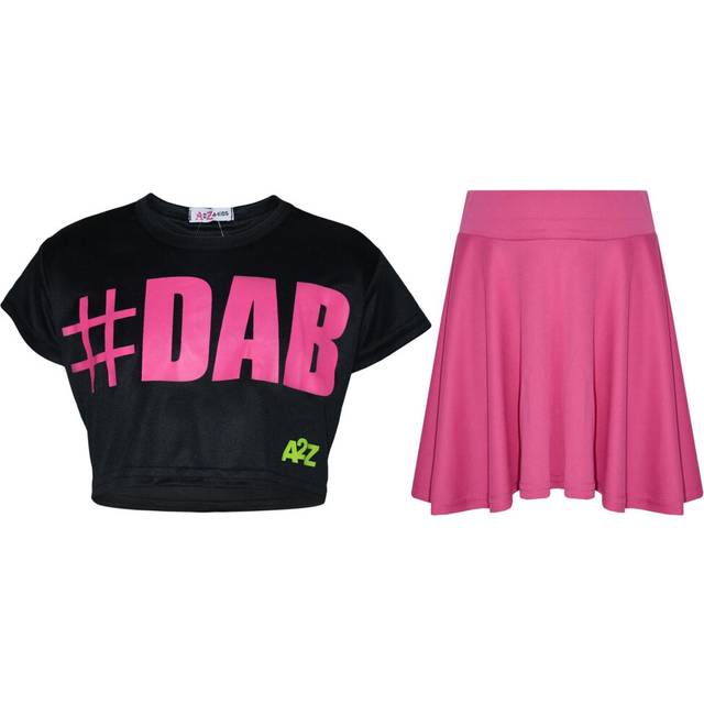 (5-6 Years, #Dab Black Crop & Skirt Set) Kids Girls Crop Top Fashion Skater Skirt Set 5-13