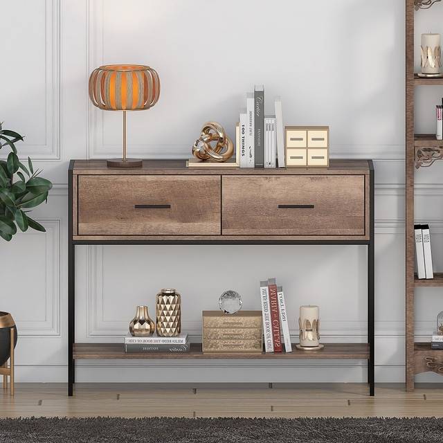 Esteban 2 Drawer Console Hallway Table. Industrial Style. Black Metal Frame. - Brown (74cm H X 100cm W X 35cm D)