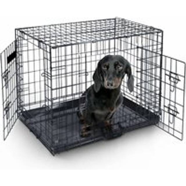 Briefness - Dog Cage Crate �c Pet Black Metal Folding Cage with 2 Doors (Front & Side) with Chew Resistant Plastic Base Tray and Carrier Handle �c