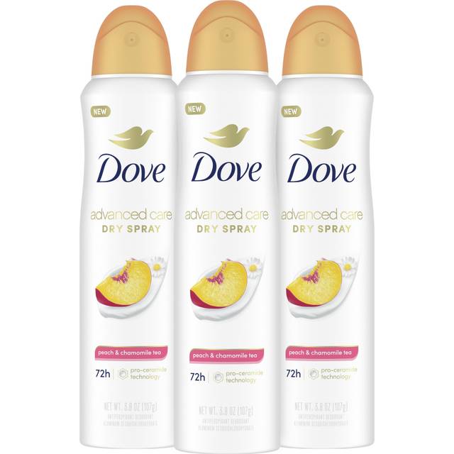 Dove Advanced Care Antiperspirant Deodorant Dry Spray Peach & Chamomile Tea 3ct underarm care boosts skin's ceramide levels 72hour odor control &all-d