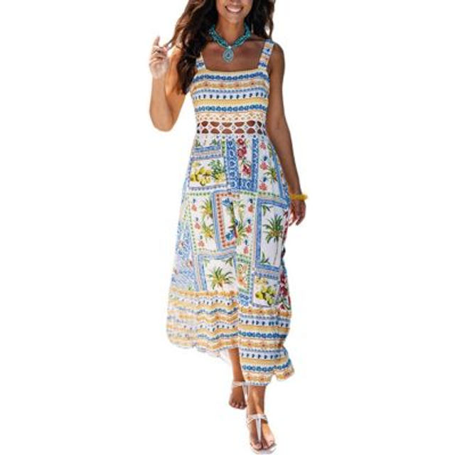 Tropical Print Crochet Maxi Dress - Blue