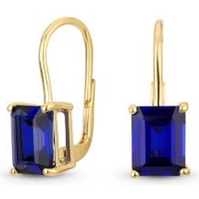 Traditional CTW Gemstone Created Blue Sapphire Emerald Cut Drop Earrings for Women with Hinged Lever Back 14K Yellow Gold Plated Sterling Silver 4.50