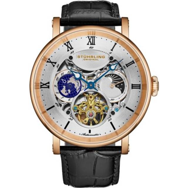 Dual Time Automatic Watch, 47mm Case, Skeleton Dial, Leather Strap, Sun/Moon AM/PM Indicator 5 ATM Water Resistant - Metallics - One Size