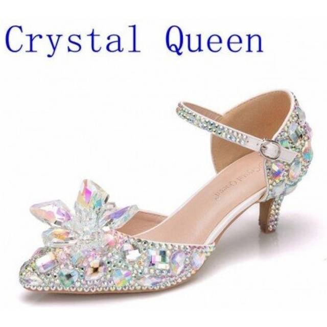 (AB) Crystal Queen 5CM Pointed Toe Bride Wedding Shoes Cinderella Prom Pumps Ankle Strap Buckle Shoes Rhinestone Mary Janes High heel