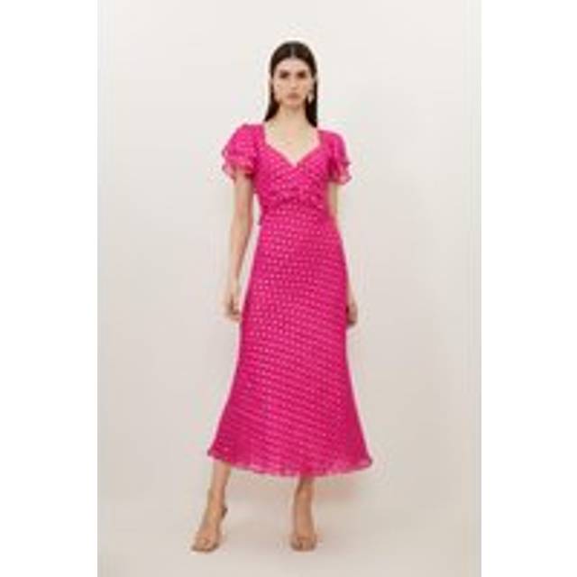 Metallic Viscose Georgette Angel Sleeve Maxi Dress - Pink