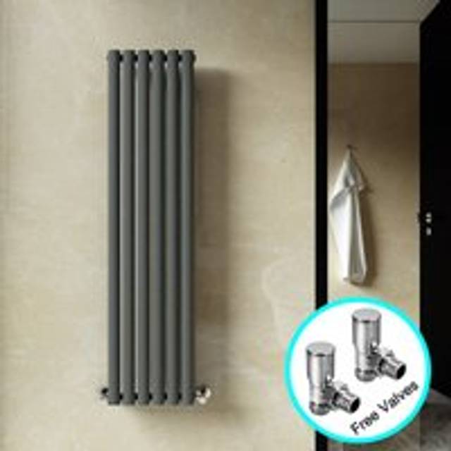 Elegant - Designer Vertical Anthracite Radiator Oval Panel Radiator 1600x360mm Single + Chrome Angled Radiator Valve