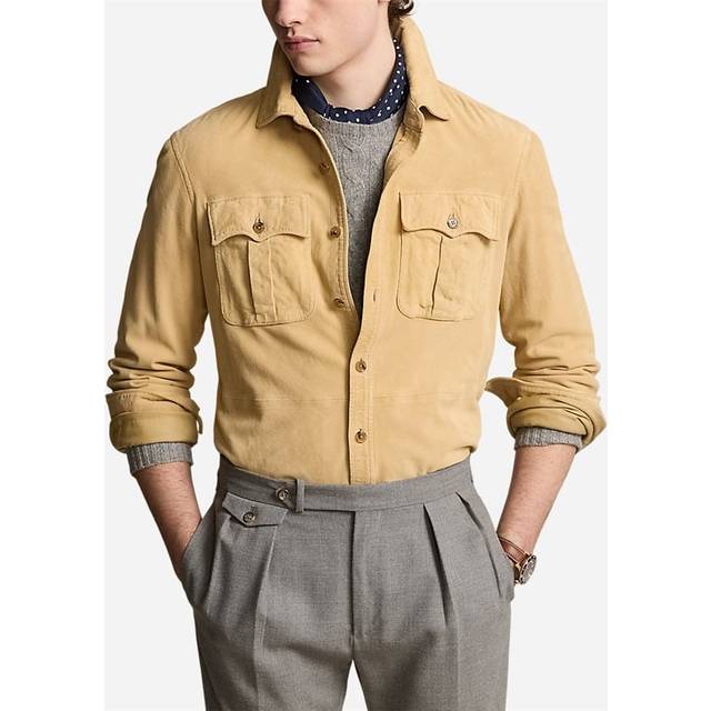 Polo Ralph Lauren Mens Light Honey Spread Collar Flap Pockets Regular Fit Suede Overshirt M - LIGHT HONEY