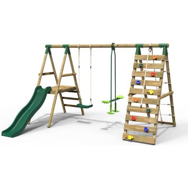 (Obsidian, Green) Rebo Wooden Swing Set with Deck and Slide plus Up and Over Climbing Wall