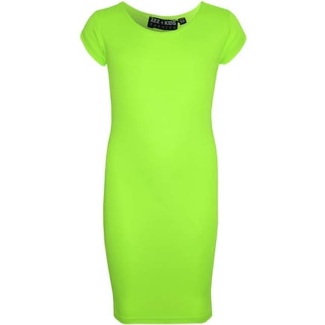 (7-8 Years, Neon Green) Gilrs Midi Dress Kids 100% Polyester Plain Bodycon Fashion Dresses Age 5-13 Year