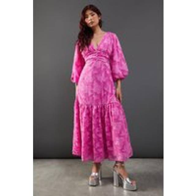 Warehouse Womens Burnout Chiffon Plunge Neck Ruched Bodice Peplum Midi Dress - Pink - Size 8 UK