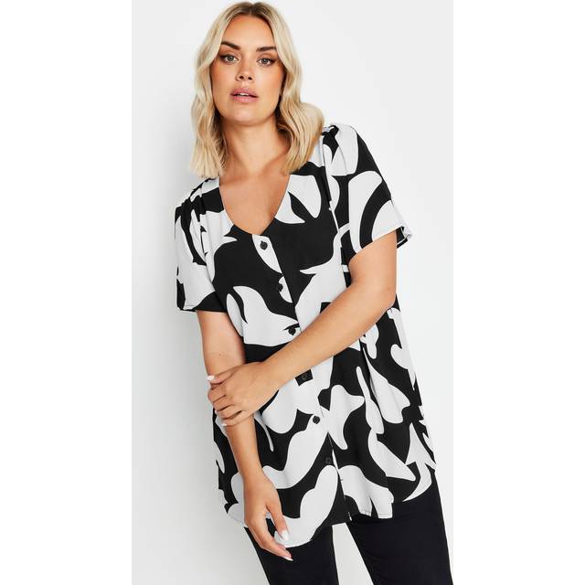 Yours Curve Black & White Abstract Print Button Up Blouse, Women's Curve & Plus Size, Yours - 38-40