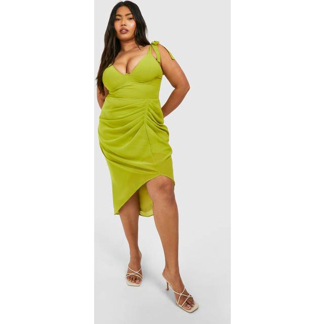 Womens Plus Woven Corset Tie Shoulder Draped Midi Dress - Green - 22