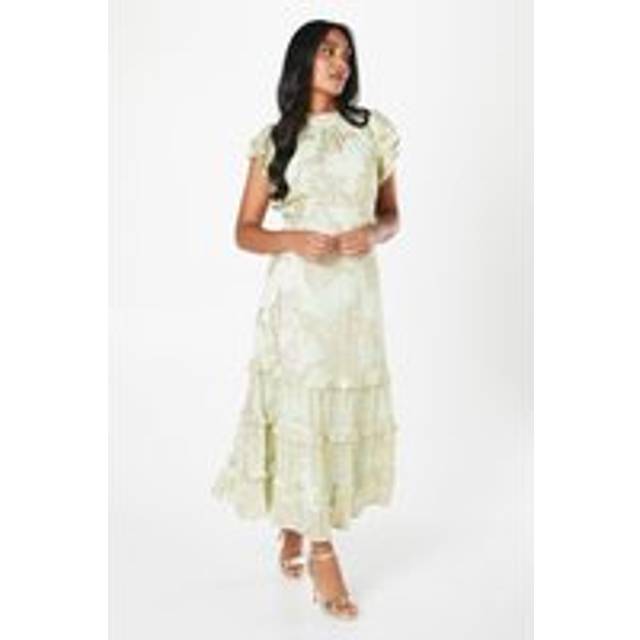 Womens Petite Metallic Ruffle Sleeve Midaxi Dress - Sage - 18