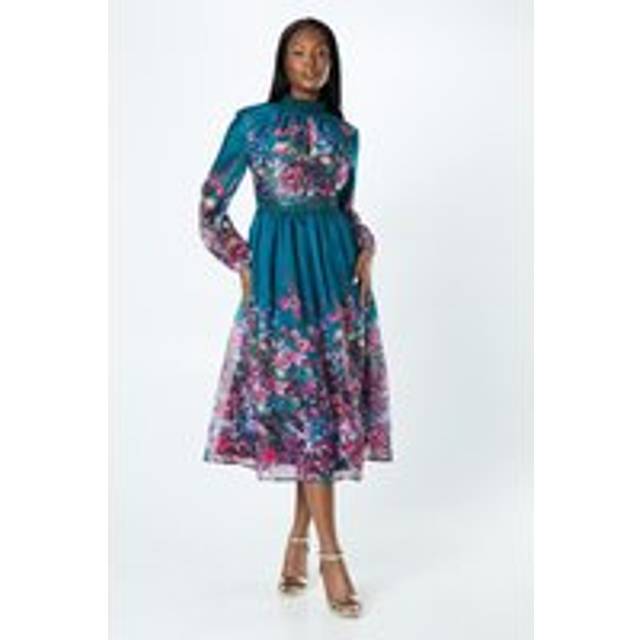 Placement Print Lace Trim Midi Wedding Guest Dress - Blue - 8