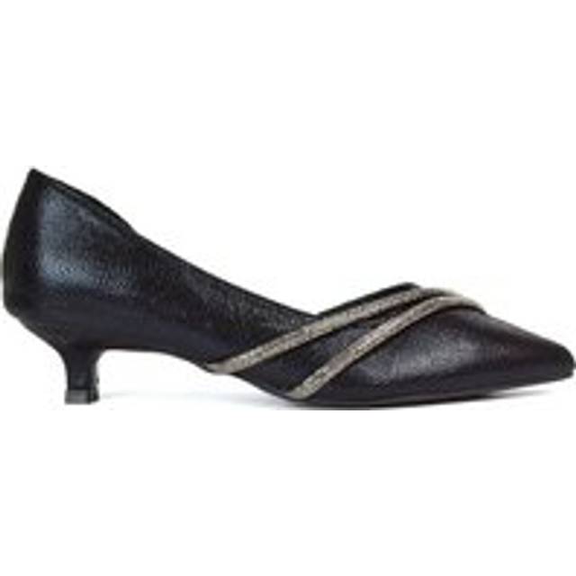 'Kirsty' Pointed Rhinestone Low Kitten Heel Court Shoes - Black - 3