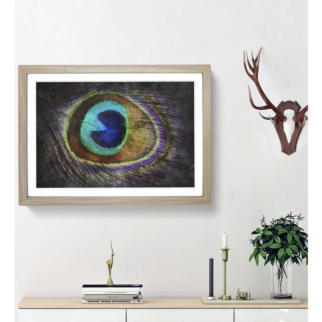 Delicate Peacock Feather - Picture Frame Graphic Art Print - Oak Framed (62cm H x 87cm W x 2cm D)
