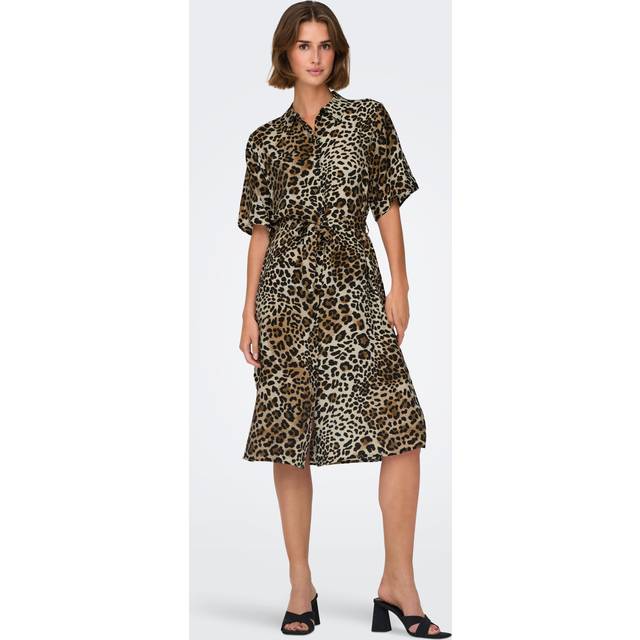 Midi Shirt Dress with Short Sleeves - leopard print