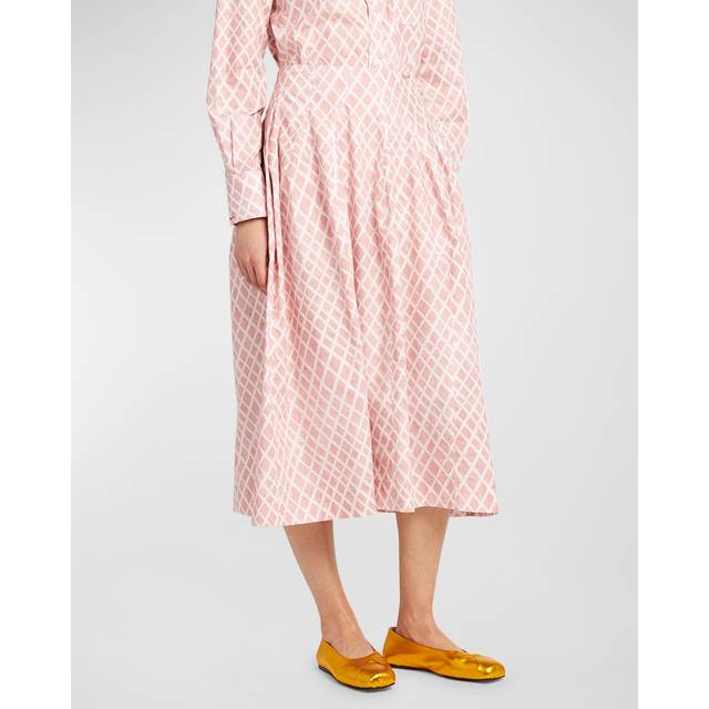 Marni Womens Antique Rose Landscapes Rhombus-print Cotton-poplin Midi Skirt 8 - ANTIQUE ROSE