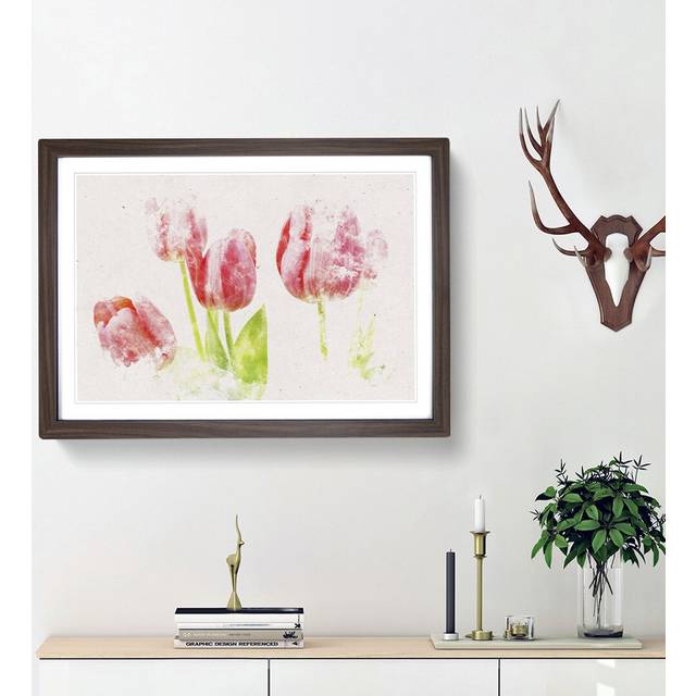 Beautiful Pink Tulips Watercolour - Picture Frame Graphic Art Print - Walnut Framed (45cm H x 63cm W x 2cm D)