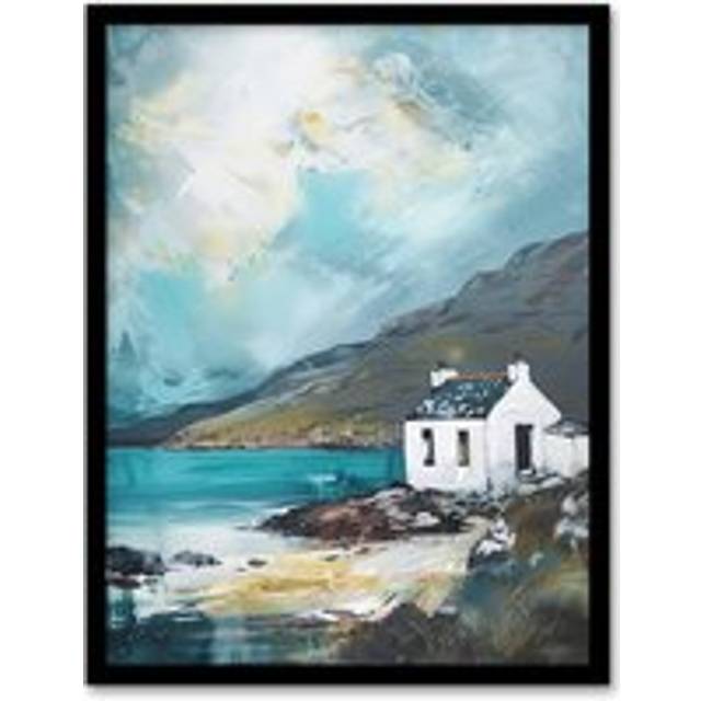 White Scottish Cottage Loch Hills Oil Painting Framed Art Print - Blue - A4