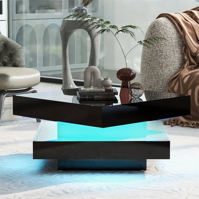 Square High Gloss Coffee Table With Rotating Top - Black (36cm H X 70cm W X 70cm D)