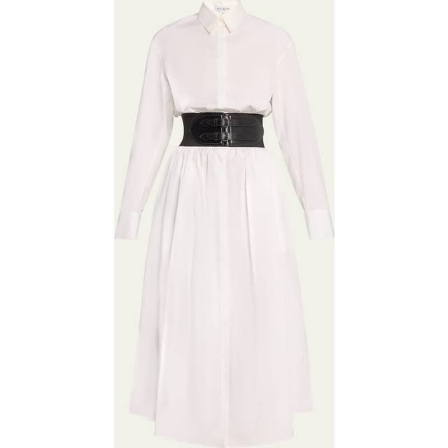 Maxi Button-Front Shirtdress with Leather Belt - BLANC