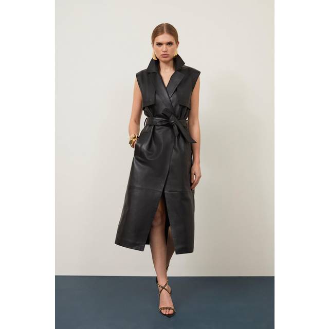 Leather Sleeveless Belted Storm Flap Detail Trench Coat - Black
