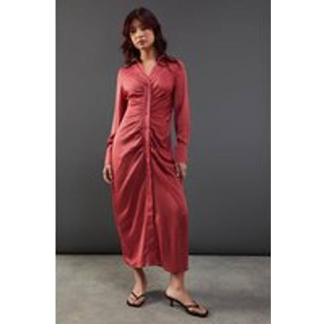 Warehouse womens midi dress pink satin ruched front long sleeve casual