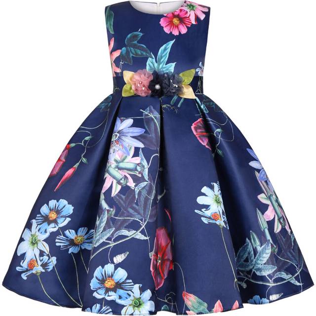 (Royal Blue, 7-8Years) Kids Girls Retro flower princess Print dress Party