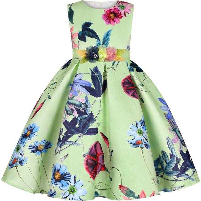 (Green, 4-5Years) Kids Girls Retro flower princess Print dress Party