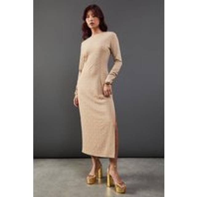 Warehouse Womens Jersey Jacquard Slash Neck Scoop Back Midi Dress - Taupe - Size 16 UK