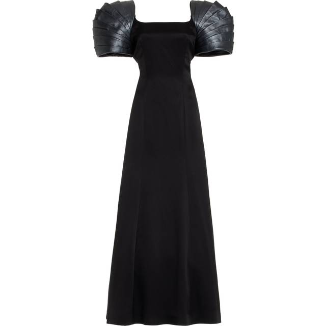 Duchess Dress in Black Silk Satin with Metallic Nappa Leather Shoulders
