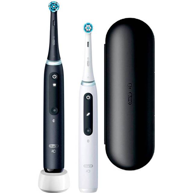 Oral-B Elektrisk tandborste iO 5 i dubbelpack med magnetteknik, 2 borsthuvuden, 5 rengöringslägen, LED-display och resefodral, matt svart