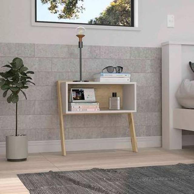 DEPOT E-SHOP Leticia Nightstand with Open Shelf and 2 Legs, Light Oak/White