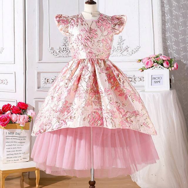 SHEIN Teen Girls Elegant Pink Short Sleeve Mid-Length Party Dress For Flower Girl, Wedding, Events