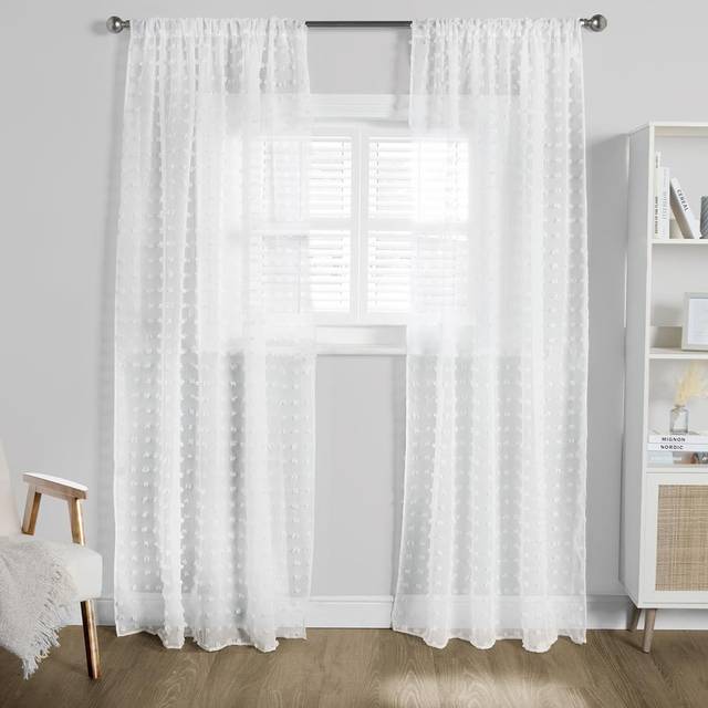 OHS Pompom Tufted Voile Curtains (Pair) - White