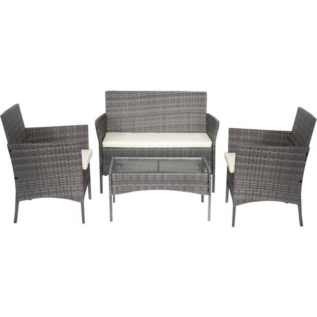 4 Seater Rattan Furniture Set with Coffee Table and Anti-UV Cushions for Indoor Outdoor Patio Garden - Grey - One Size