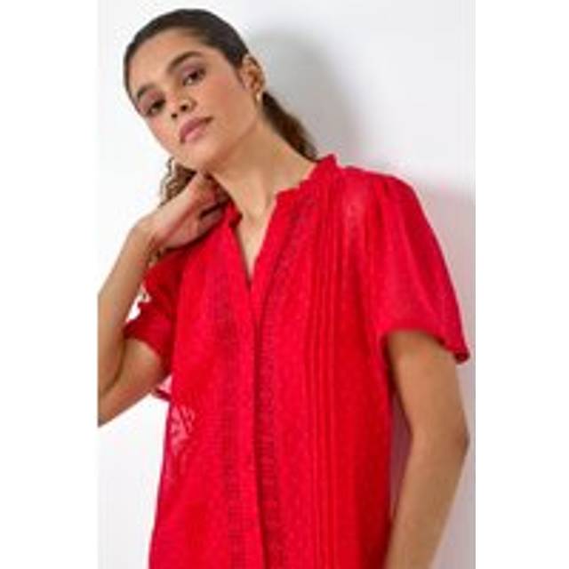 Textured Spot Lace Trim Blouse - Red - Size 14 - Roman