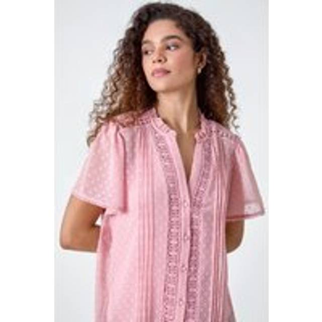 Roman Light Pink Textured Spot Lace Trim Blouse - Size 18