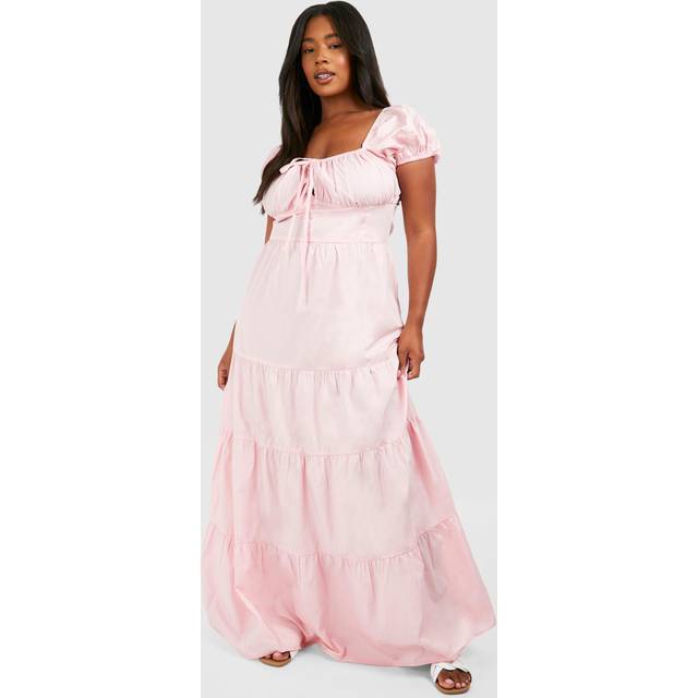Womens Plus Poplin Milkmaid Puff Sleeve Maxi Dress - Pink - 26
