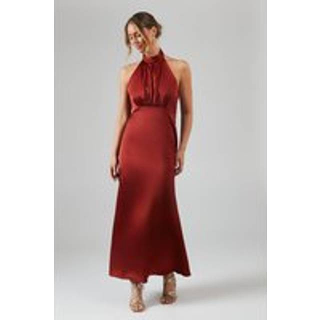 Oasis Womens Satin Halter Bias Cut Maxi Bridesmaids Dress - Orange - Size 16 UK