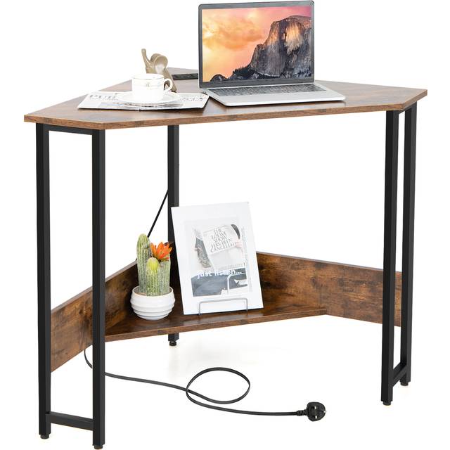 Corner Desk 90-degree Triangle Computer Desk with Power Outlet-Rustic Brown
