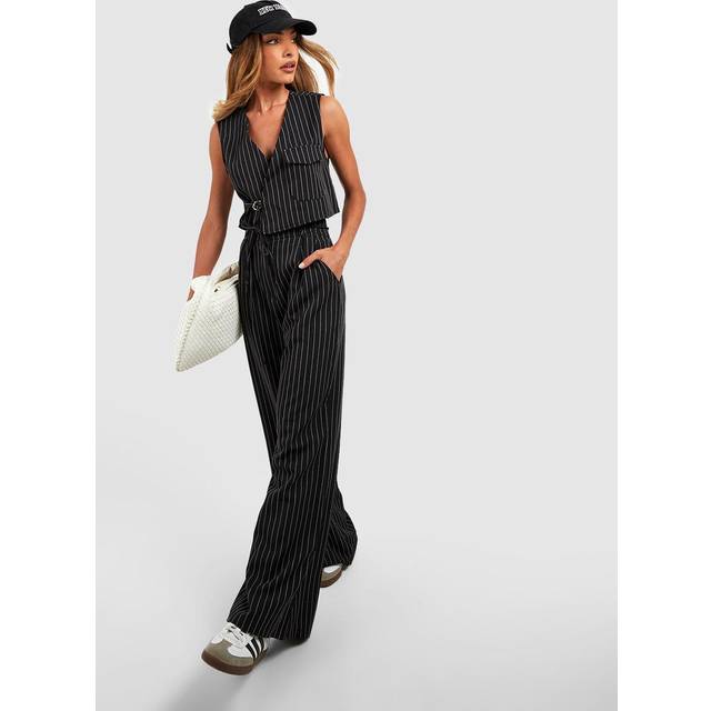Womens Pinstripe Tie Waist Tailored Wide Leg Trousers - Black - 12
