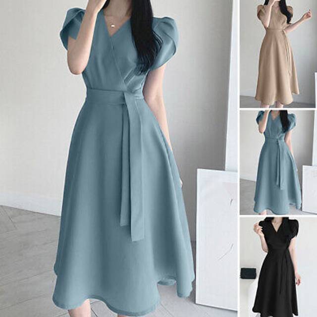 Uk womens puff sleeve v neck belted a line midi dress party gown long dresses