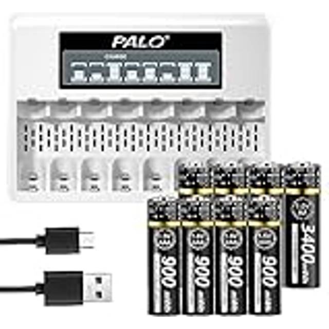 Palogreen Batteriladdare med Batterier - 4*AA 3400mWh och 4*AAA 900mWh 1,5V Batterier med 8 LCD-fack Individuell Snabbladdare för Uppladdningsbara AA AAA Lithium Batterier