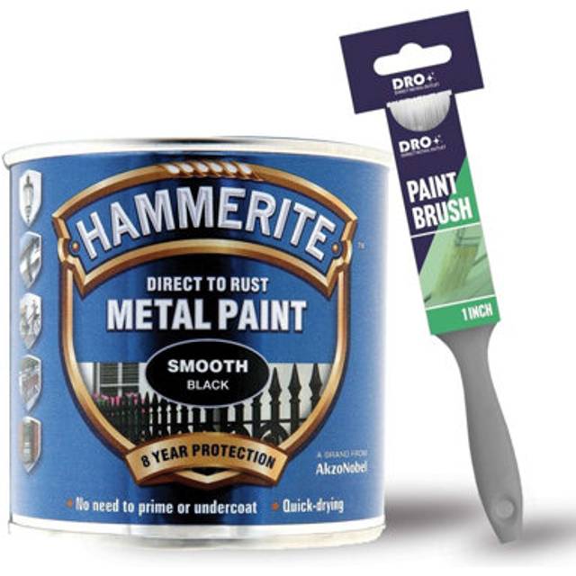 Hammerite Smooth Black Quick Drying Metal Paint 250ml 1 Paint Brush