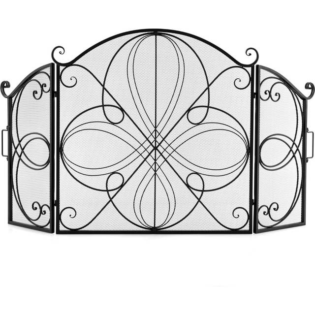 Costway 3 Panel Floral Pattern Folding Fireplace Screen - Black - 93 x 89 x 12cm